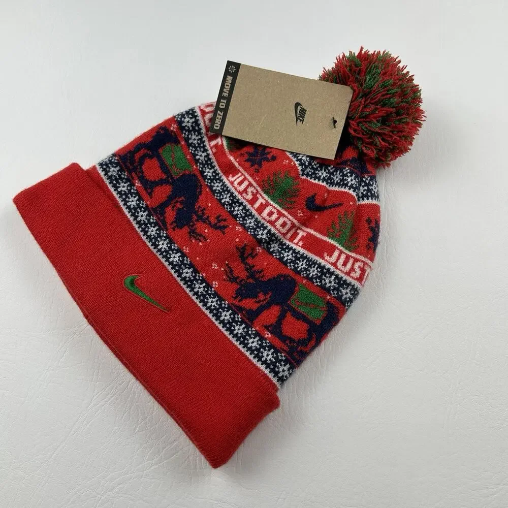 Nike Christmas Pom Beanie Hat Red Reindeer Just Do It Cuffed One Size NWT